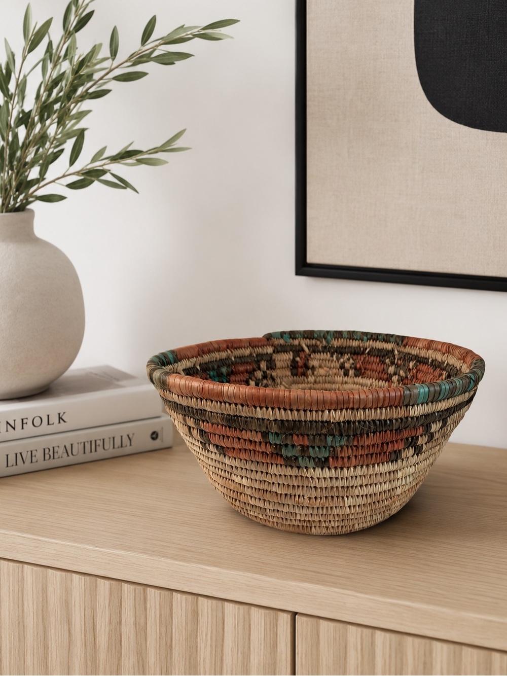 Vintage African Hausa Coiled Woven Grass Basket Bowl 11.5”